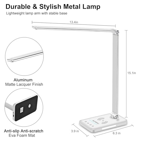 AFROG Multifunctional LED Desk Lamp with Wireless Charger, USB Charging Port, 5 Lighting Modes,5 Brightness Levels, Sensitive Control, 30/62 min Auto Timer, Eye-Caring Office Lamp with Adapter - color: White