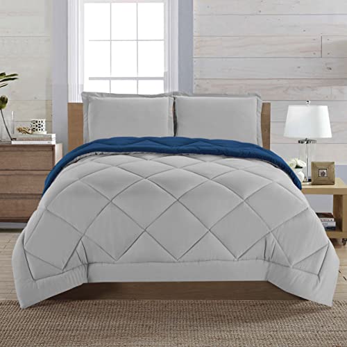 Elegant Comfort Reversible Comforter Set All Season, Ultra Soft, Down Alternative Comforter, Silver/Navy, Full/Queen, 3-Piece - color: Silver/Navy, size: Full/Queen