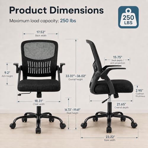 Ergonomic Office Chair, Home Office Desk Chair, Breathable Mesh Desk Chair with Adjustable Lumbar Support and Flip-up Armrests, Game Chairs, 360° Swivel Desk Chairs for Conference, Meeting Room(Blank) - color: Black