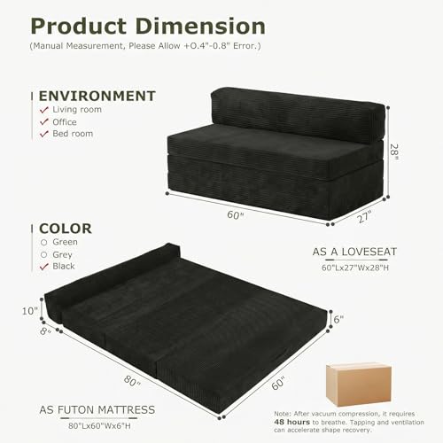 5-in-1 Convertible Sofa Bed, Boneless Couch Loveseat with Removable Cushions & Washable Cover, Futon Sofa Bed with Handle, Pull Out Couch for Small Spaces, Queen Size, Black - color: Black, size: Queen Size-80''L*60''W