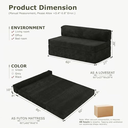 5-in-1 Convertible Sofa Bed, Boneless Couch Loveseat with Removable Cushions & Washable Cover, Futon Sofa Bed with Handle, Pull Out Couch for Small Spaces, Queen Size, Black - color: Black, size: Queen Size-80''L*60''W