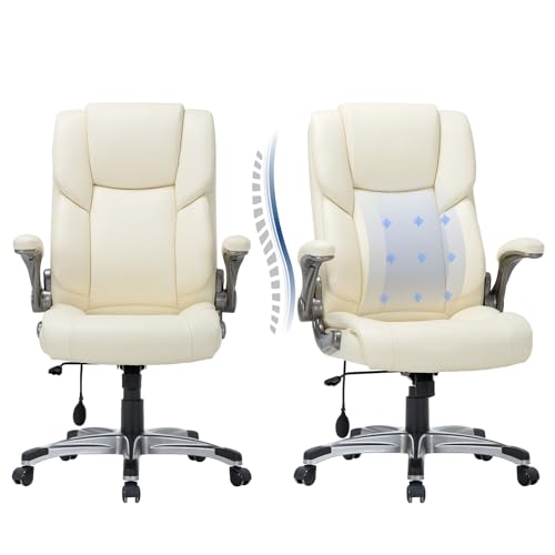 COLAMY Leather Executive Office Chair- High Back Home Computer Desk Chair with Padded Flip-up Arms, Adjustable Tilt Lock, Swivel Rolling Ergonomic Chair for Adult Working Study-Lvory, Set of 2 - color: Ivory, size: Set of 2