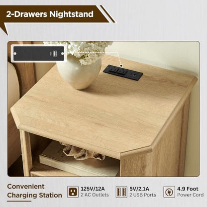 T4TREAM Farmhouse Nightstand with Charging Station, 18" End Table with 2 Drawers, Wood Side Table, Bedside Cabinet for Bedroom, Living Room (Natural Oak) - color: Natural Oak