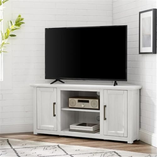 Pemberly Row Modern Rustic Wood Corner TV Stand, 48 in, Whitewash Finish, Fits TVs Up to 50 in, Adjustable Shelving, Cable Management, Antique Brass Hardware, MDF Construction, Living Room - color: Whitewash