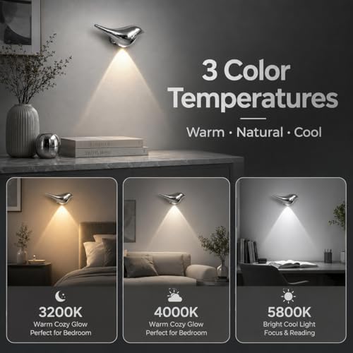 2-Pack Silver Bird Wall Light, Cordless Motion Sensor Night Light | Rechargeable magnetic bird sconce with soft 3-color glow for hallway, bedroom, stairs and nursery - color: Silver