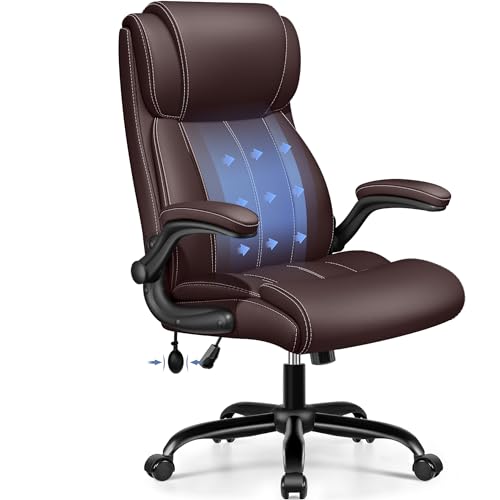 BESTFAIR Ergonomic Office Chair, Inflatable Lumbar Support High Back Coffee | Back & Neck Support for Fatigue Relief, Flip-Up Arms, 21" Wide Cushioned Seat, Scratch-Resistant PU Leather, Tilt & Rolling - color: Coffee, size: 1 Pack