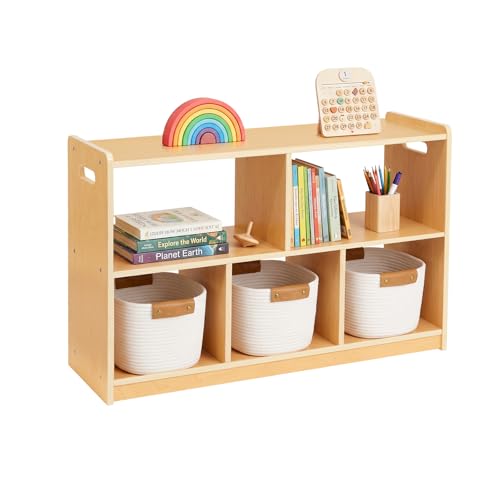 OOOK Montessori Shelf 5-Section, 2-Shelf Toy Organizers and Storage | FSC Safety, Double-Sided Montessori Toy Storage for Kids Room, Daycare Center, Nursery, Classroom, 36.6"W×11.4"D×23.2"H - size: 5-Section Montessori Open Bookshelf