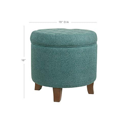 HomePop by Kinfine Fabric Upholstered Round Storage Ottoman - Button Tufted Ottoman with Removable Lid, Teal Woven - color: Teal Woven