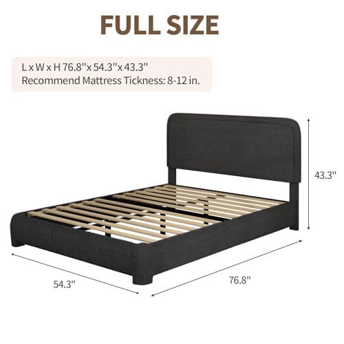 BarnFurin Full Bed Frame, Cloud Boucle Headboard, Rounded Corners, Black | Soft boucle and rounded edges create a low-profile cloud look. Wooden slats support the mattress without a box spring - color: Black, size: Full