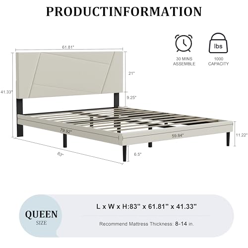 Queen Size Upholstered Bed Frame Frame with Headboard，Velvet Beige | Geometric Head Board Platform Bed, Sturdy Wooden Slats, Noiseless No Box Spring Required, Easy to Assemble - color: Beige, size: Queen