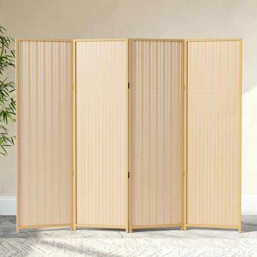 4 Panel Bamboo Room Divider, Folding Privacy Screen, Natural | Pine wood frame, dual-action stainless steel hinges, 5.6FT tall, extends to 63 inches wide, no assembly - color: Natural, size: 4 Panel