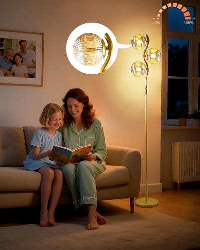 Lightdot 60IN Dimmable Gold Floor Lamp with Glass Globe Mid Century Standing Lamps with 3Pcs 3000K Bulbs Included Modern Tall Lamp with 5Lbs Heavy Iron Base for Bedroom/Sofa Beside/Corner Decor - color: 3 Brown Globe-Gold S