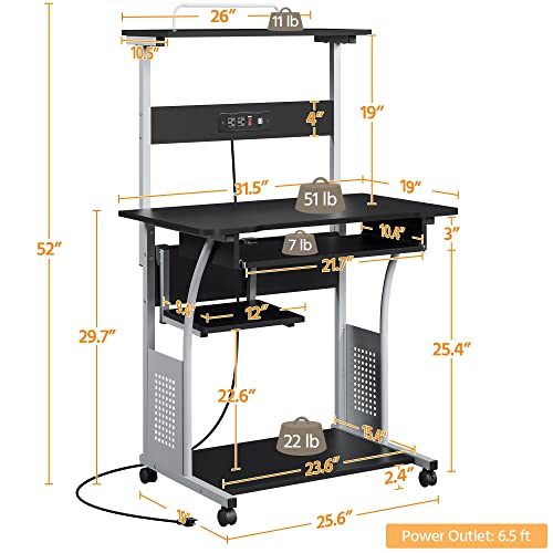 Yaheetech Small 3-Tier Rolling Computer Desk, Power Outlet, Black | Engineered wood tiers and metal frame suit small spaces, holding a monitor, printer, and keyboard tray by a built-in outlet. - color: Black