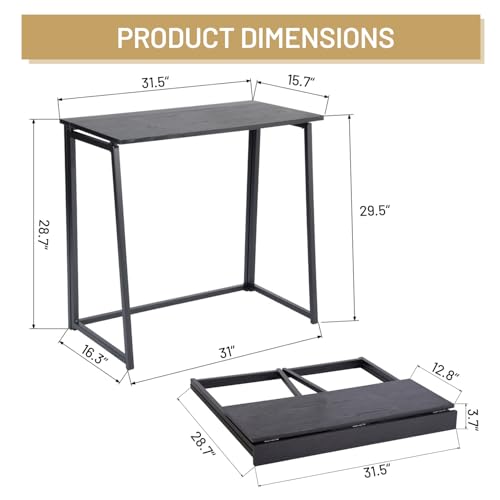 FurnitureR Folding Home Office Desk, 31.5 Inches Foldable Table, Space Saving Computer Study Desk Compact Writing Workstation for Small Space, Black
