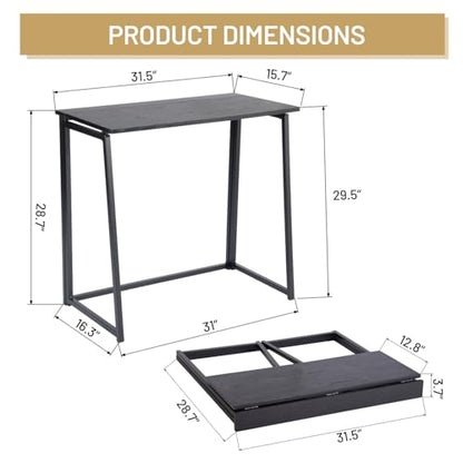 FurnitureR Folding Home Office Desk, 31.5 Inches Foldable Table, Space Saving Computer Study Desk Compact Writing Workstation for Small Space, Black