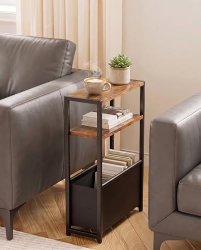 Leomonio Narrow Side Table, Slim End Tables with Fabric Basket, Skinny Table for Small Spaces, Thin Bedside Table for Living Room, Bedroom - color: Rustic Brown