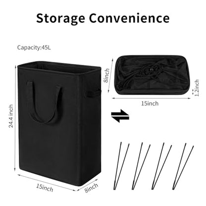 Narrow Laundry Hamper, Skinny Laundry Basket, 45L Black, 24" | Slim Laundry hamper for Small Spaces laundry bag with handle, Foldable clothes hampers for laundry basket organizer - color: Black (With Handles)