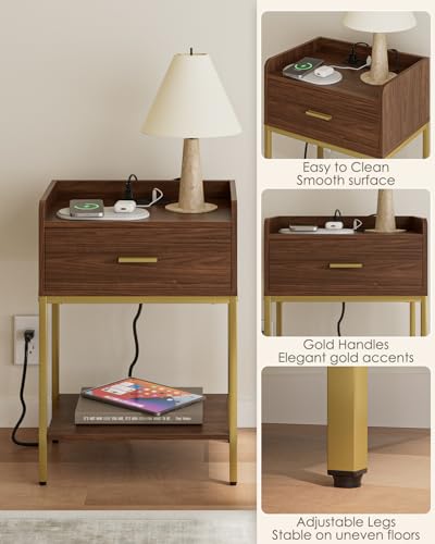 Masupu Nightstand with Charging Station, 3-Tier Modern Bedside Night Stand with Storage Drawer and Shelf, Small End Side Table for Bedroom, Living Room, Walnut - color: Outlet-brwon Walnut