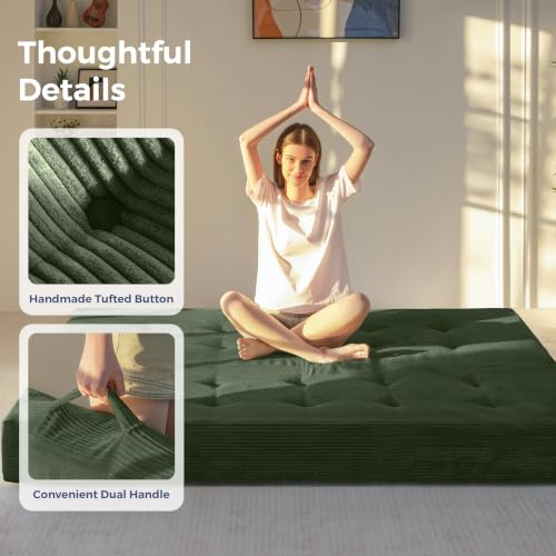 MAXYOYO Foldable Mattress, 8-Inch Tufted Futon Mattress with Handles | Tufted Floor Sofa Bed and Versatile Mattress, Carry Handles for Living Rooms or Guest Rooms, Frame Not Included, Dark Green - color: Dark Green