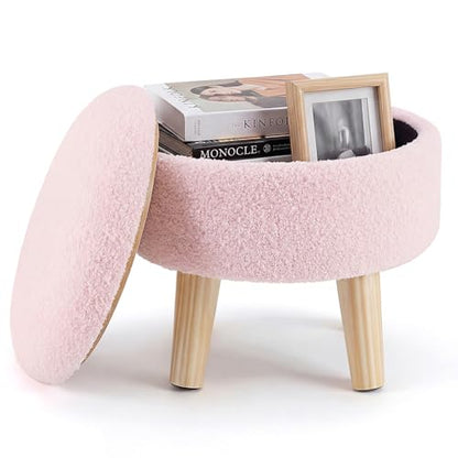 DUMOS Round Storage Ottoman with Reversible Tray Lid, Multi-Functional Footrest, Teddy Velvet Footstool with Wood Legs, Small Coffee Table for Living Room, Bedroom, Pink - color: Pink