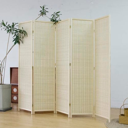 5 Panel Bamboo Room Divider – 5.6 ft Tall Folding Privacy Screen, Natural Beige Freestanding Room Partition Wall for Home Office (67" x 76.75", 5-Panel) - color: Beige, size: 5 Panel
