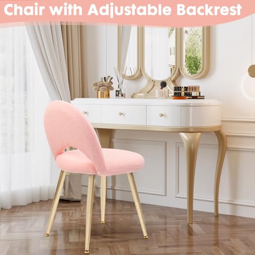 Vanity Chair with Back, Pink Vanity Stool Chair | Boucle Upholstery Armless Makeup Stool with Gold Metal Legs for Bedroom Living Room Kitchen Dinning Room (Gold and Pink) - color: Gold and Pink