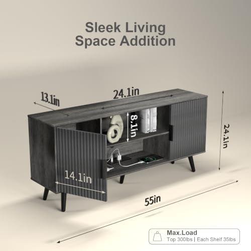 Lightdot 55" Gary Small TV Stand for TVs Up to 65" with Power Outlet | Mid-Century Modern Media Console with Fluted Side Cabinets & 2 Storage Shelves for Living Room Bedroom Entrance - color: Gray Oak/55"