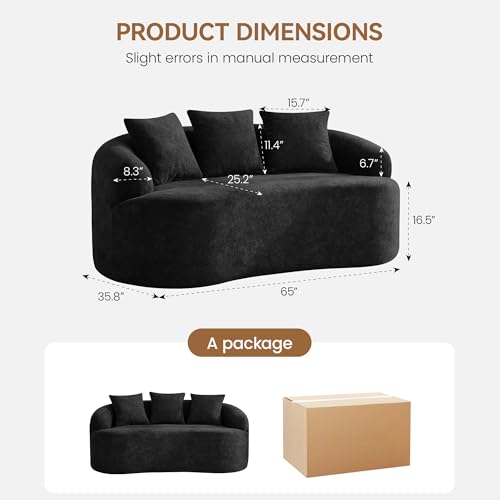 65" Boneless Loveseat Sofa, Curved Chenille Couches for Living Room, Black | Love Seat Cloud Couch, 16.5" Thickened Cushion, 25.2" Deep Seat, Comfy Back Pillow, No Assembly - color: Black, size: Loveseat Sofa