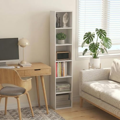 Furinno LUDER 6-Tier Narrow Book Shelf, Slim Bookshelf, White | 9.4 x 12.1 x 63.3, Open Shelf, Standing Bookcase, for Home Office, Living Room, Bedroom - color: White, size: 6-Tier, 12W