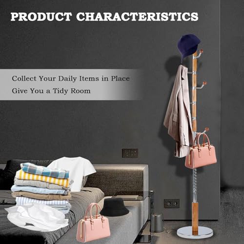 Coat Racks FreeStanding with 11 Hooks, Natural Wood Coat Rack with Solid Round Base, Adjustable Height Coat Racks, Easy Assembly for Hallway, Bedroom and Office (Solid Wood Metal Hook) - color: Solid Wood Metal Hook
