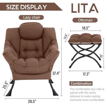 Lazy Chair with Ottoman, Comfy Accent Reading Chair, Dark Brown | Foldable Footrest,Removable Cover,with Armrests and Side Pockets,Upholstered Lounge Chair for Bedroom,Dorm,Office,Small Space - color: Dark Brown