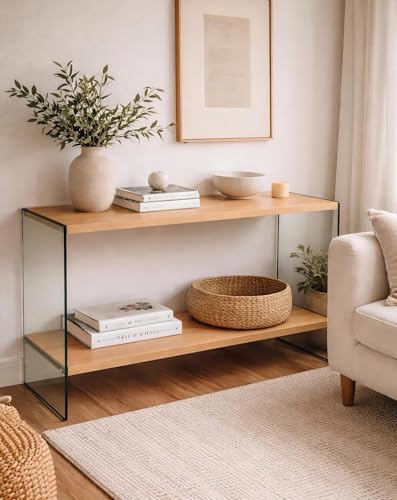 Console Table 2-Tier: 47.2 in Wide Rectangle Wood Shelf Glass Sides | Modern Desk Console Sofa Table Stand for Entryway - size: 47.2“W x 11.8"D x 30"H