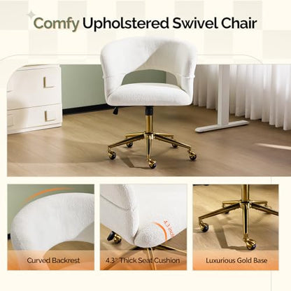 VINGLI Modern Curved Office & Vanity Desk Chair, Cute Upholstered Nail Chair with Wheels & 360° Swivel & Club & Tilting & Gold Base, for Bedroom, Living Room, Makeup, Velvet Chenille, White - color: White
