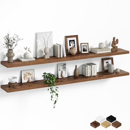 Fun Memories Floating Shelves for Wall, 72 Inch Long Set of 2 Rustic Wood Wall Shelves with Invisible Brackets, Heavy Duty Storage Display for Living Room Bedroom Kitchen, Brown - color: Rustic Brown, size: 8"D x 72"L - 2Pack