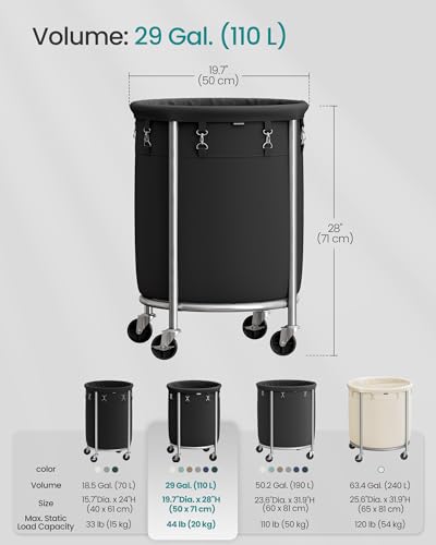 SONGMICS Laundry Basket, Rolling Steel Frame with 2 Locking Wheels, 110 L | Heavy-Duty Laundry Hamper Cart with Removable Bag, Ink Black and Metallic Silver, URLS002B01 - color: Ink Black + Metallic Silver, size: 110 L (1-Section)
