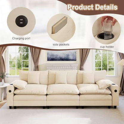 KCGKCG 116" 3-Seater Cloud Sofa, Modular Sectional Couch, Chenille Deep Seat Cloud Couch with Charging Station, Cup Holder, Side Pocket, Double Layer Seat Cushion Couches for Living Room, Beige - color: Beige, size: 116"- Loveseat