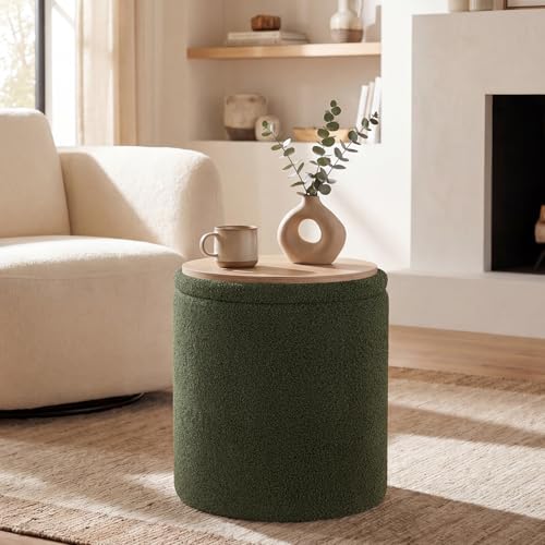 14.5" Small Ottoman with Storage, Teddy Velvet Foot Rest Stool with Reversible Wood Tray Lid, Round Storage Ottoman Coffee Table, Vanity Stool for Living Room, Olive Green - color: Olive Green