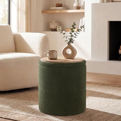 14.5" Small Ottoman with Storage, Teddy Velvet Foot Rest Stool with Reversible Wood Tray Lid, Round Storage Ottoman Coffee Table, Vanity Stool for Living Room, Olive Green - color: Olive Green