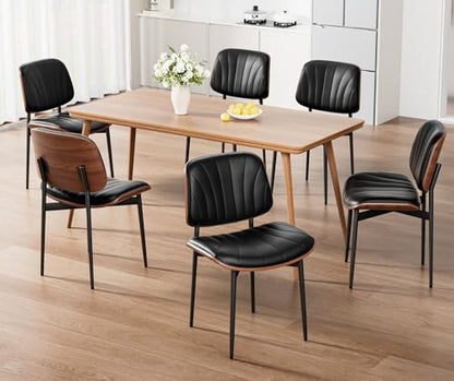 Dining Chairs Set of 2, Mid-Century Modern Upholstered PU Leather Chairs | with Walnut Bentwood Back and Metal Legs Adjustable Feet for Kitchen, Black Shell Strips - color: Black Shell Strips