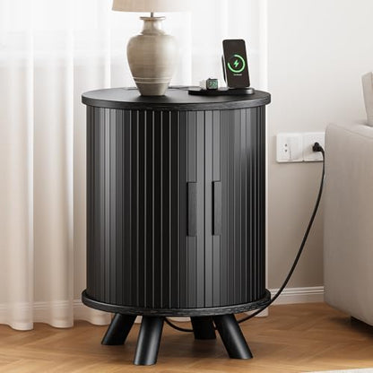 Round End Table with Storage - Fluted Side Table with Charging Station, Wood Nightstand with Sliding Tambour Door for Bedroom, Accent End Tables Living Room, Modern Bedside Table, Black