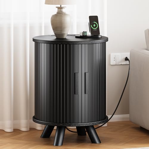 Round End Table with Storage - Fluted Side Table with Charging Station, Wood Nightstand with Sliding Tambour Door for Bedroom, Accent End Tables Living Room, Modern Bedside Table, Black