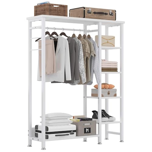 VECELO Open Garment Clothing Rack, Free-Standing Heavy Duty Storage Closet with 5 Shelves and Hanging Rod for Small Spaces, Max Load 350LBS, White - color: White