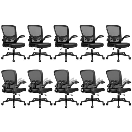 Desk Chairs with Wheels, Ergonomic Mesh Office Chair Adjustable Height and Swivel Lumbar Support Home Office Chair with Flip Up Armrests, Set of 10 - color: Black, size: 10PK