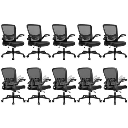 Desk Chairs with Wheels, Ergonomic Mesh Office Chair Adjustable Height and Swivel Lumbar Support Home Office Chair with Flip Up Armrests, Set of 10 - color: Black, size: 10PK