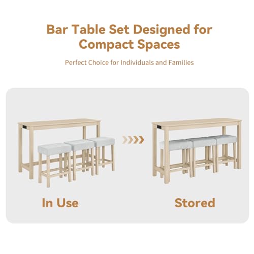 59" Dining Bar Table Set with Power Outlet, Behind Couch Sofa Table with 3 Padded Stools, 4 Piece Bar Table and Chairs Set for Living Room, Dining Room, Oak - color: R3-oak