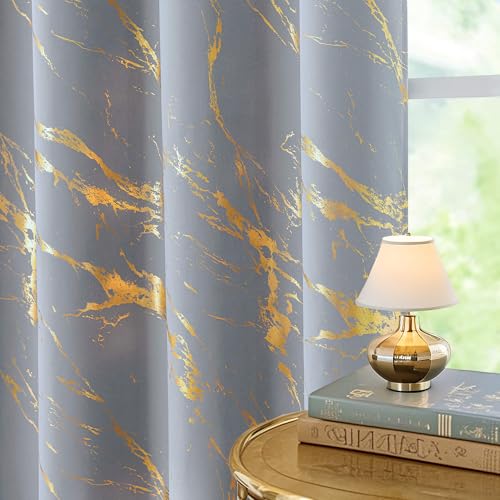 WUBODTI Grey Marble 100% Blackout Curtains 63 inch Bedroom Grommet 2 Panels | Gold and grey,metallic pattern,modern abstract,thermal insulated, room darkening,privacy,kitchen,bathroom,small window,short - color: Grey and Gold, size: 52"W x 63"L (Pack of 2