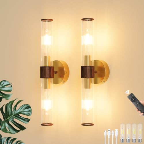 Morauroral Gold Walnut Battery Operated Wall Sconces Set of 2, Rechargeable Wall Lights with Remote, 20 Inch Modern Wireless Wall Lamp for Bedroom, Living Room (Bulbs Included) - color: Gold Walnut