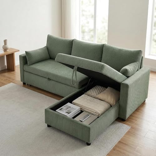 85'' Queen 3-Seat Pull Out Sleeper Sofa Bed with Storage, Green | Convertible Sofa Bed with Storage, 85 Inch,L Shaped 3 Seat Sectional Sleeper Sofa - color: C-green-3r