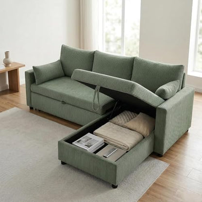 85'' Queen 3-Seat Pull Out Sleeper Sofa Bed with Storage, Green | Convertible Sofa Bed with Storage, 85 Inch,L Shaped 3 Seat Sectional Sleeper Sofa - color: C-green-3r