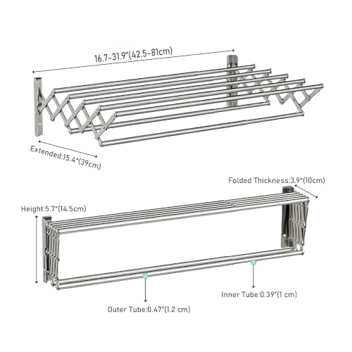 Wall Mount Drying Rack for Laundry Room, Retractable Stainless Steel Towel Bar, Collapsible Accordion Clothes Dryer, Space Saving Wall Mounted Laundry Rack for Bathroom, Balcony & RV